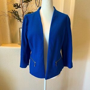 Alfani Royal Blue Open Blazer Matelasse Textured  Zipper Pockets Jacket EUC 10